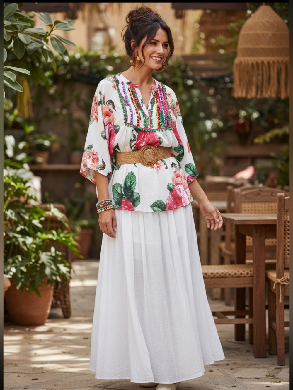 Antica Sartoria Floral Boho Tunic Top Pom Pom embellished